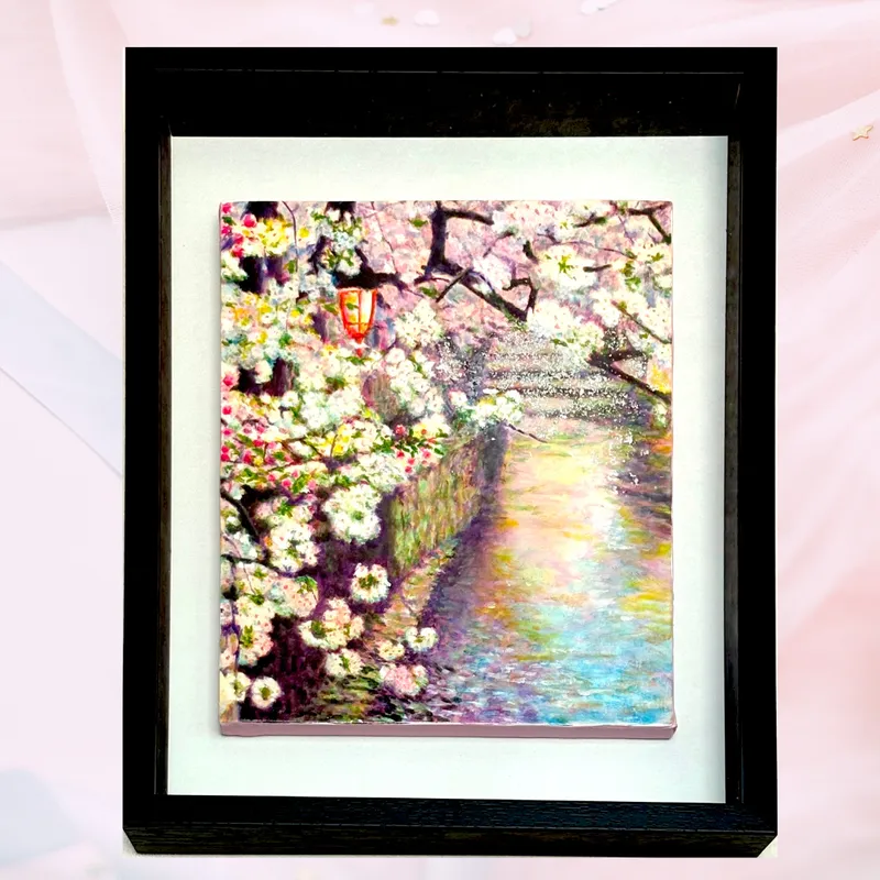 風景画「水辺に咲く桜」油彩画 F3 額付き