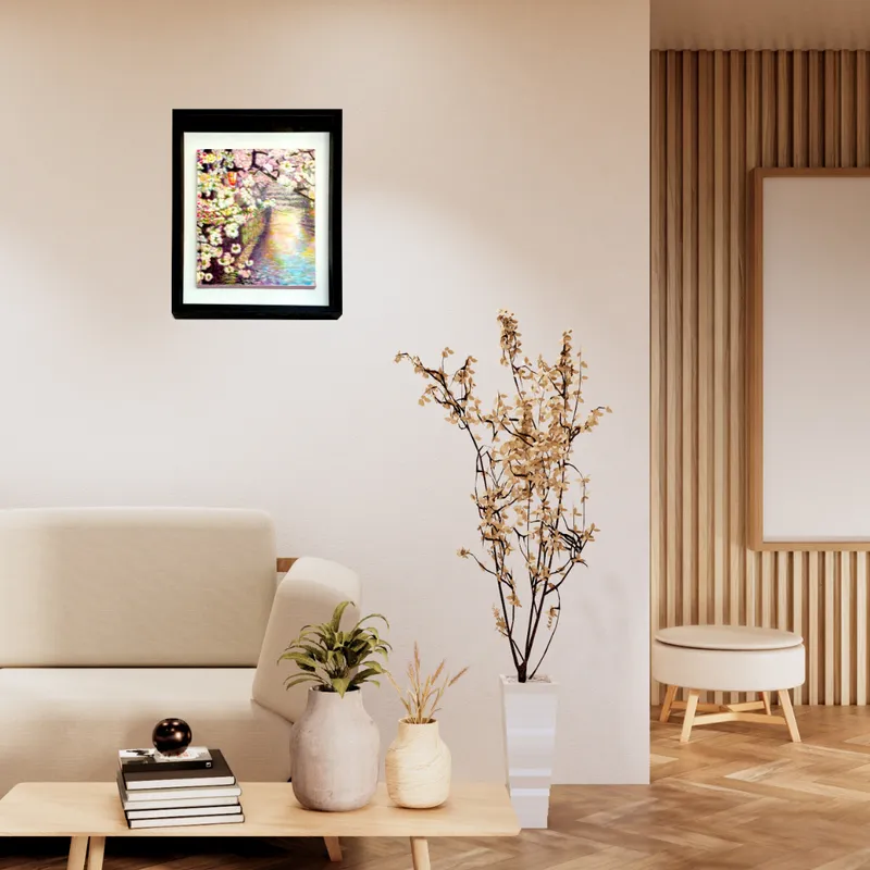 風景画「水辺に咲く桜」油彩画 F3 額付き slider-1