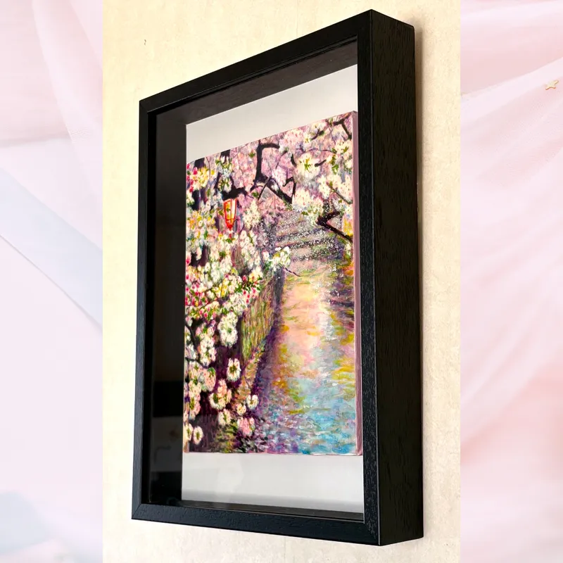 風景画「水辺に咲く桜」油彩画 F3 額付き slider-2