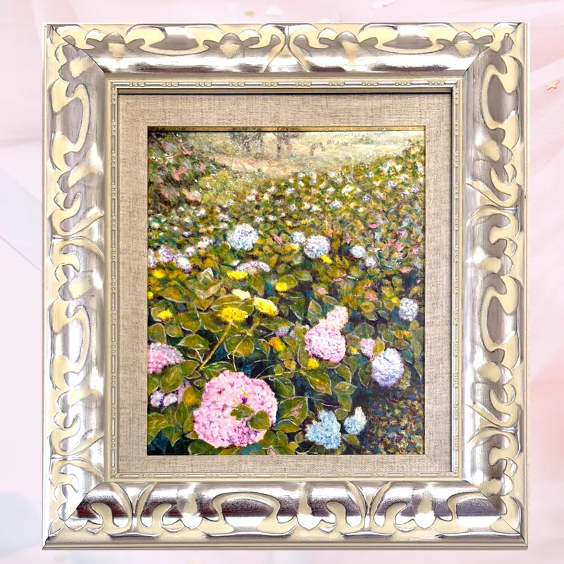 風景画「丘に広がる紫陽花」油彩画 F3/額付き