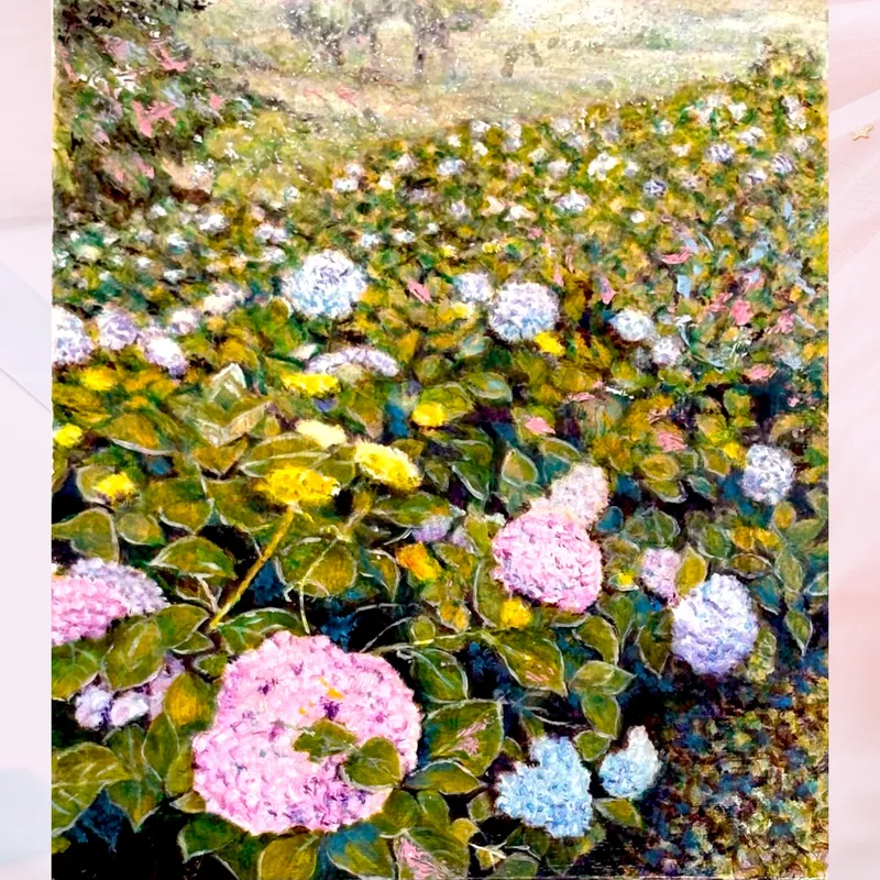 風景画「丘に広がる紫陽花」油彩画 F3/額付き slider-0