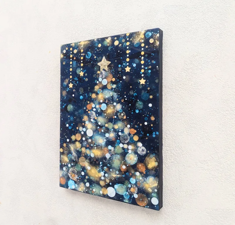 クリスマスツリー雪と星の夜P3号(アクリル原画)