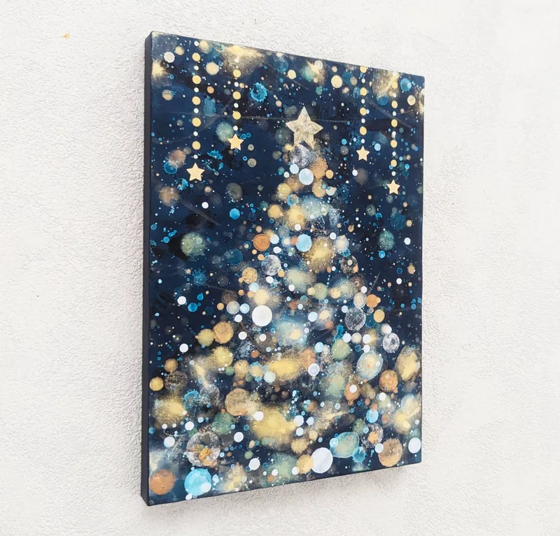 クリスマスツリー雪と星の夜P3号(アクリル原画)