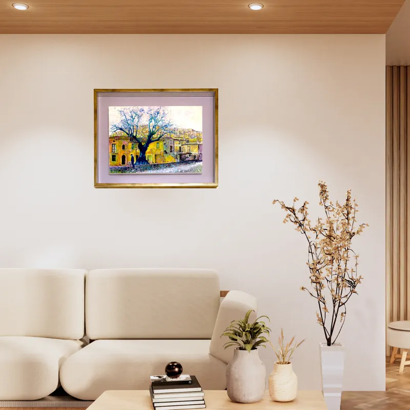 風景画「丘の街・パドゥーラ」油彩画 B3 / 額付き