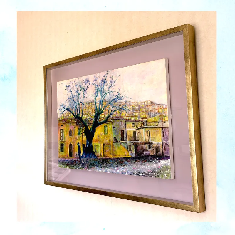 風景画「丘の街・パドゥーラ」油彩画 B3 / 額付き