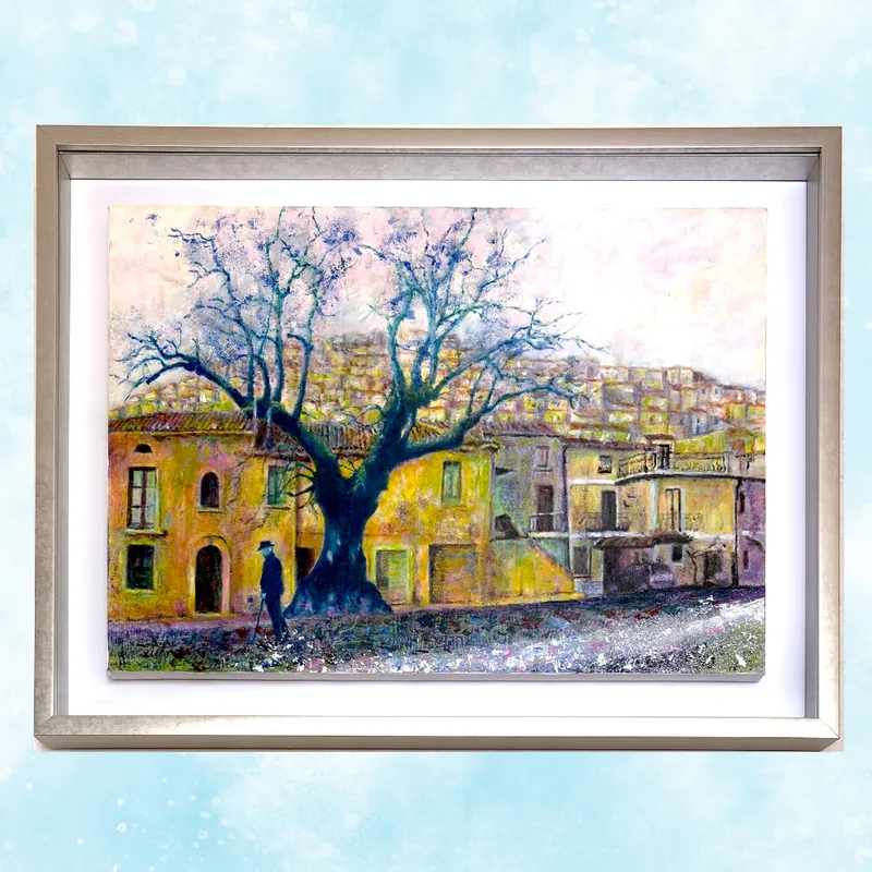 風景画「丘の街・パドゥーラ」油彩画 B3 / 額付き