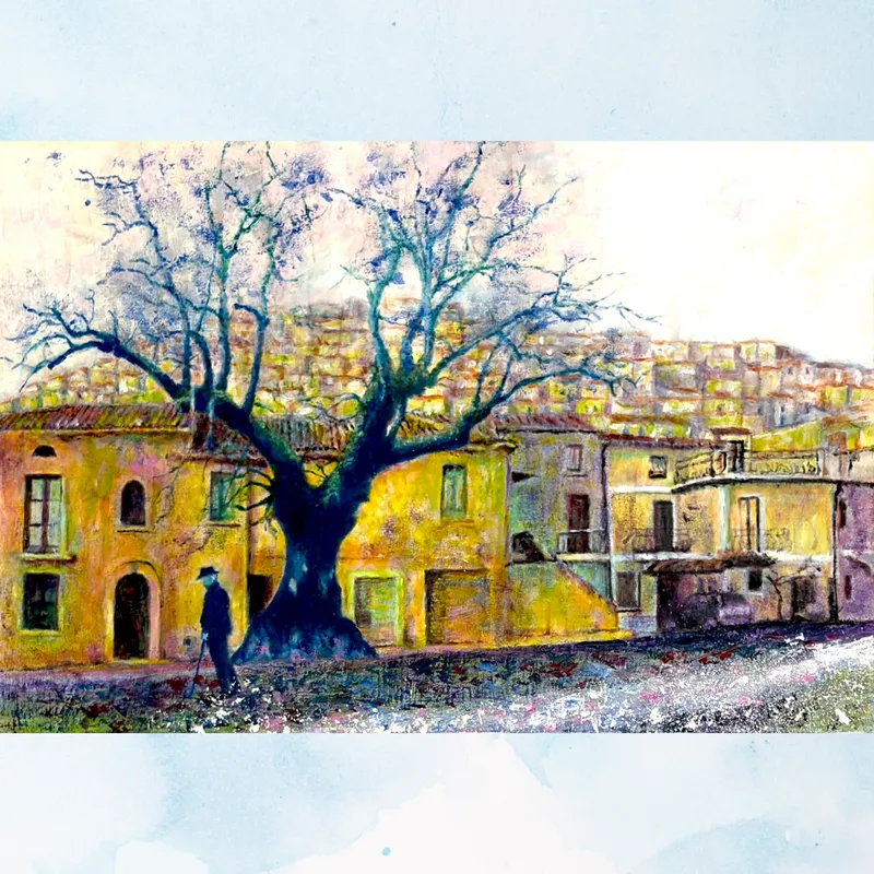 風景画「丘の街・パドゥーラ」油彩画 B3 / 額付き