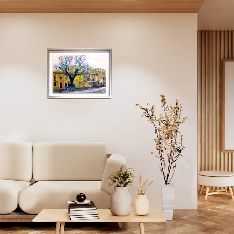 風景画「丘の街・パドゥーラ」油彩画 B3 / 額付き