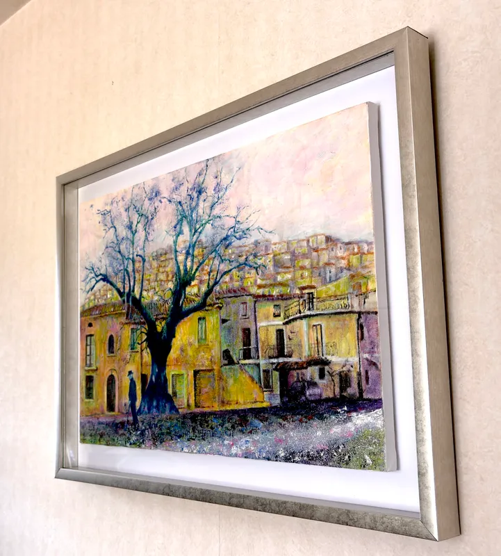 風景画「丘の街・パドゥーラ」油彩画 B3 / 額付き