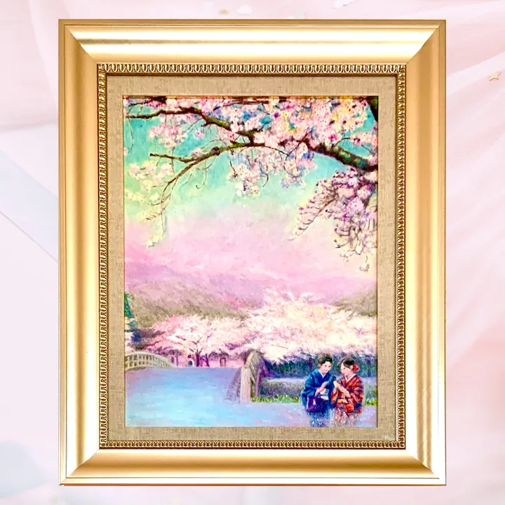 風景画「桜の京散歩」油彩画 F6 額付き