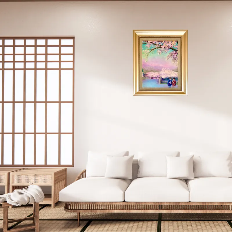 風景画「桜の京散歩」油彩画 F6 額付き