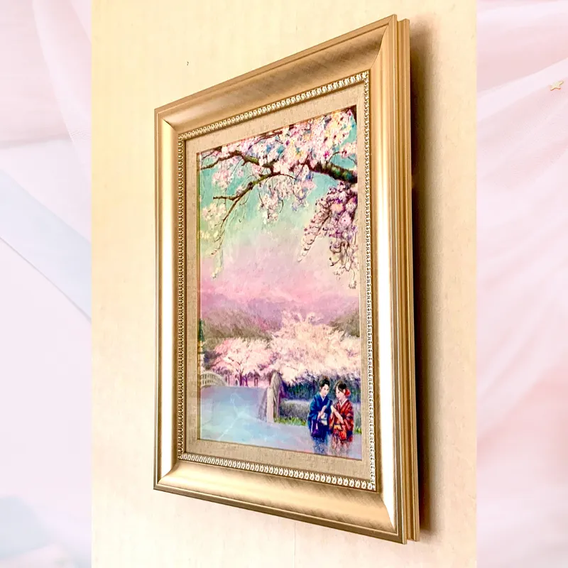風景画「桜の京散歩」油彩画 F6 額付き