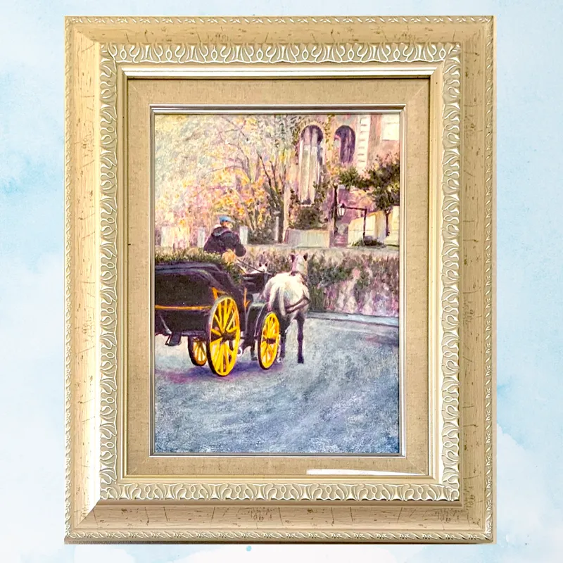 風景画「馬車が走る街」油彩画F4 額付き(アクリル面版)