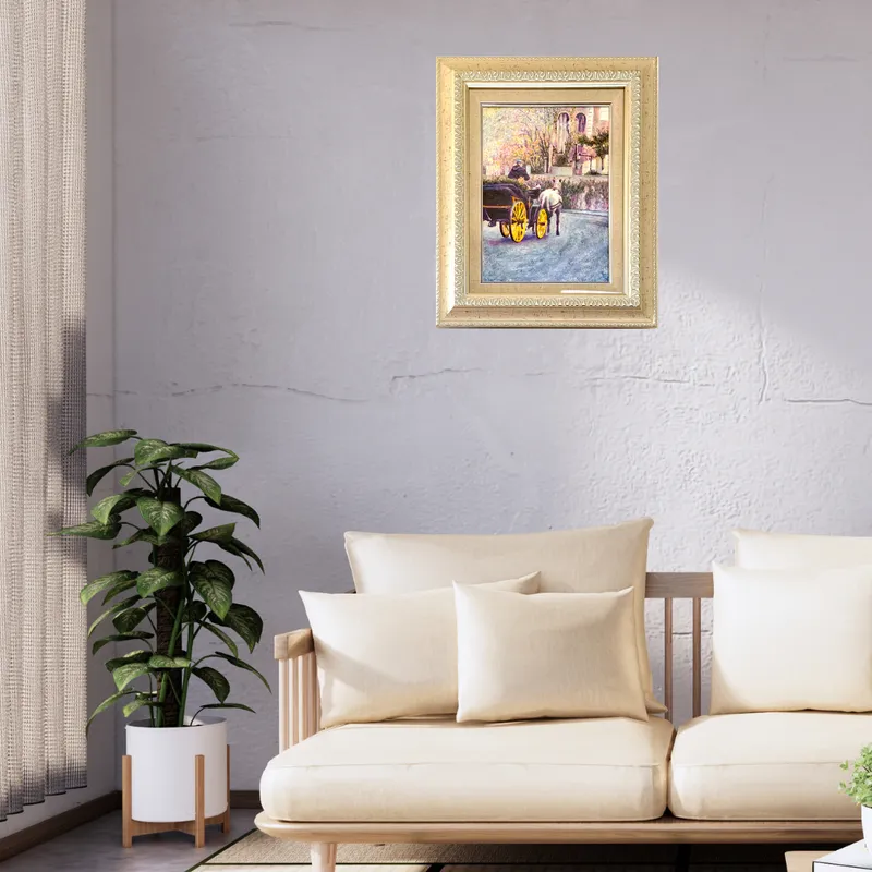 風景画「馬車が走る街」油彩画F4 額付き(アクリル面版)