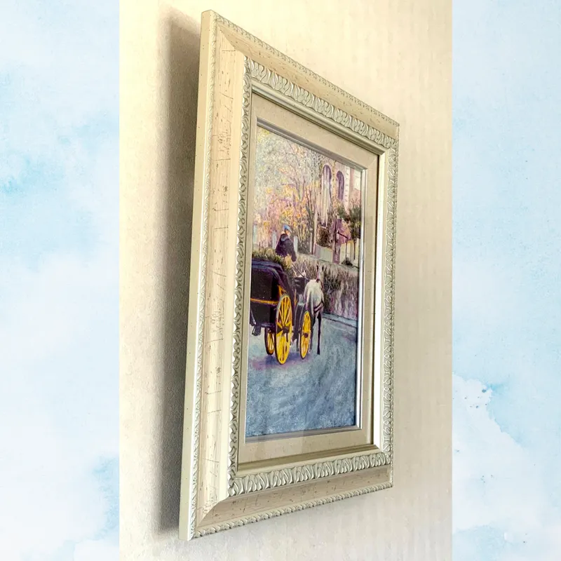 風景画「馬車が走る街」油彩画F4 額付き(アクリル面版)