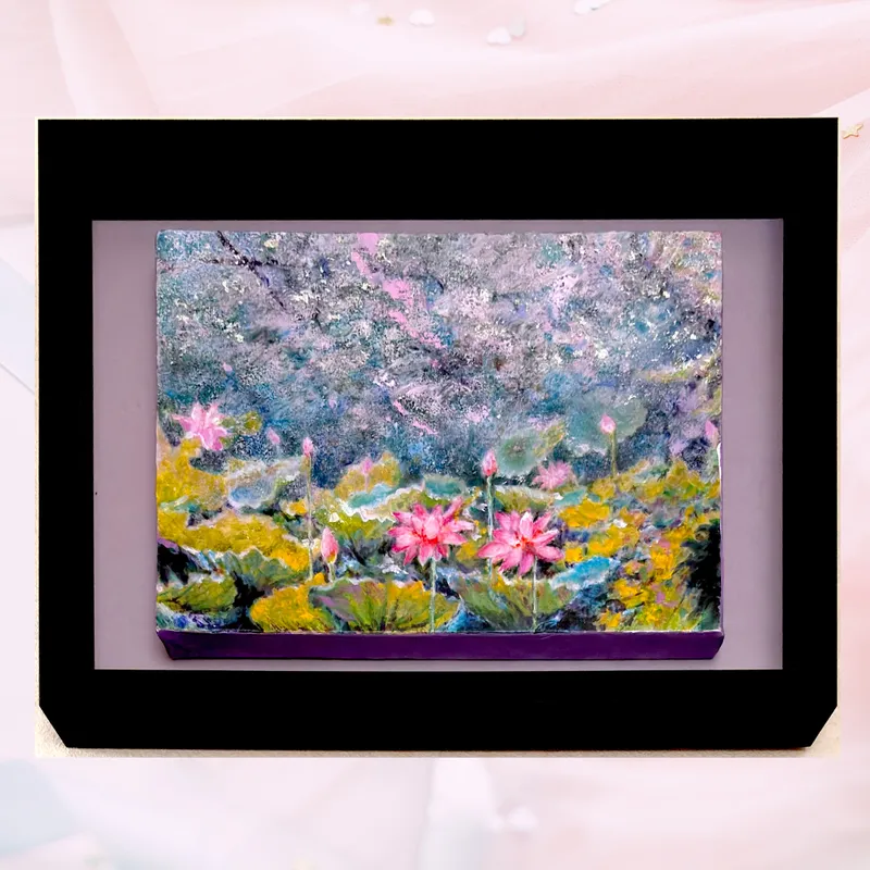 風景画「朝霜の蓮」油彩画・SM/額付き