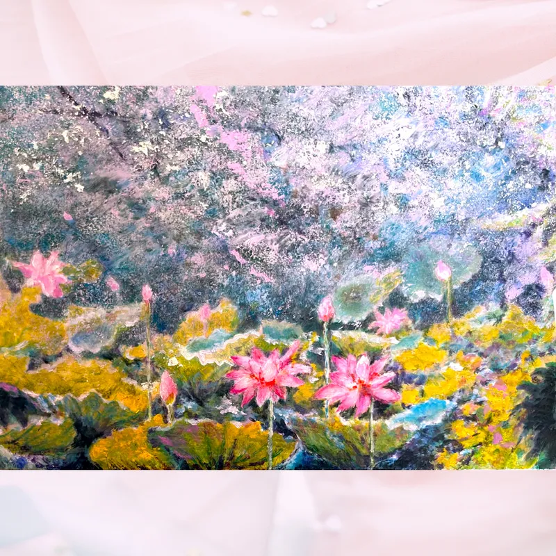 風景画「朝霜の蓮」油彩画・SM/額付き