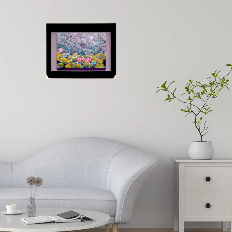 風景画「朝霜の蓮」油彩画・SM/額付き