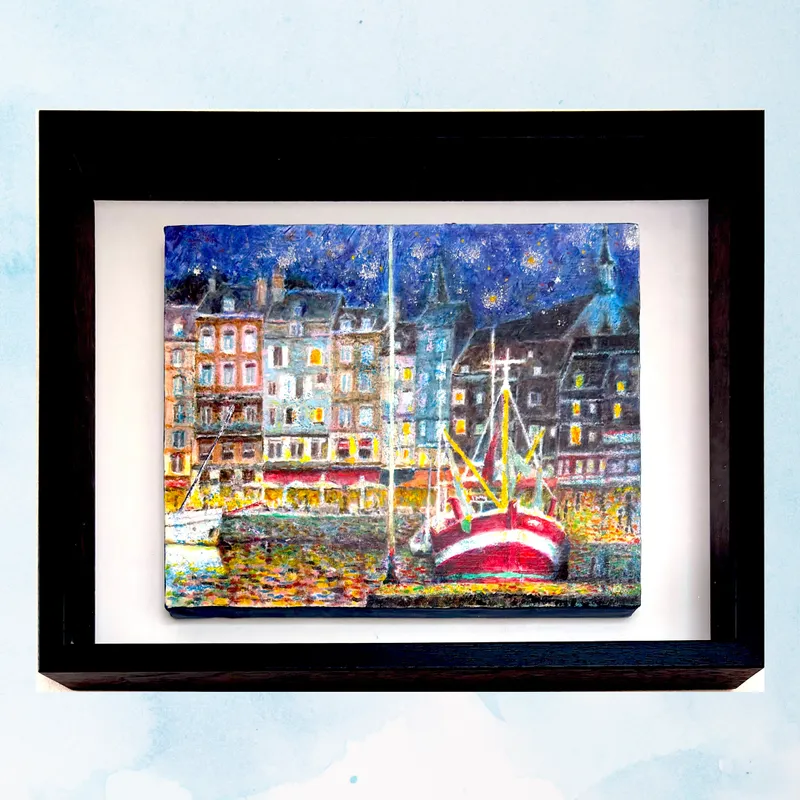 風景画「オンフルール・星降る港町」油彩画・F3/額付き