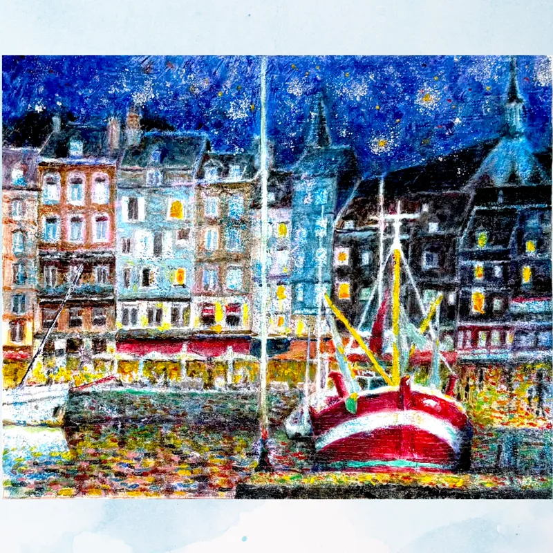 風景画「オンフルール・星降る港町」油彩画・F3/額付き