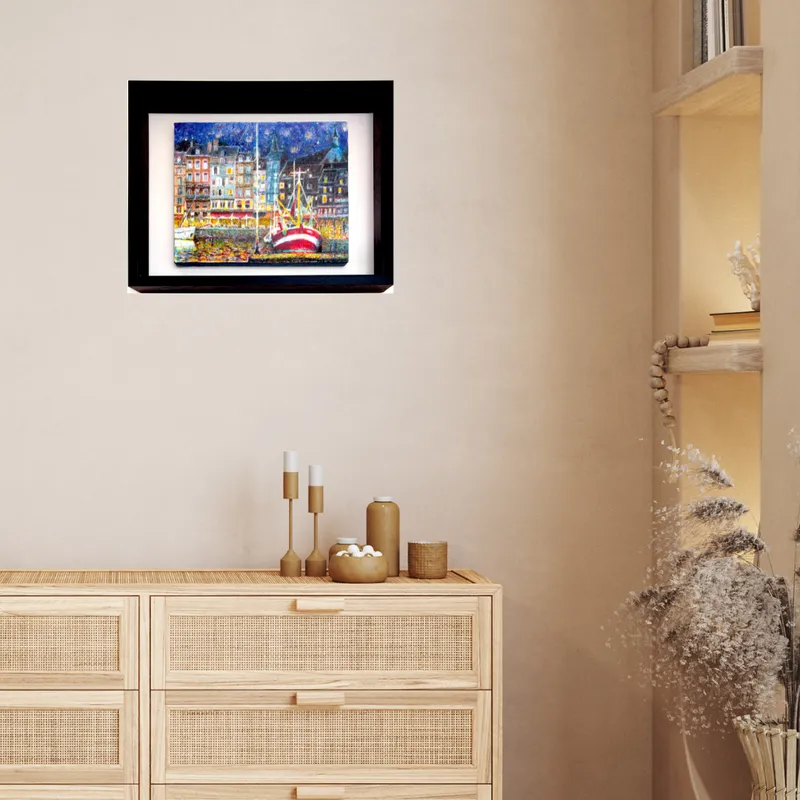 風景画「オンフルール・星降る港町」油彩画・F3/額付き