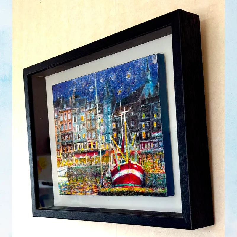 風景画「オンフルール・星降る港町」油彩画・F3/額付き