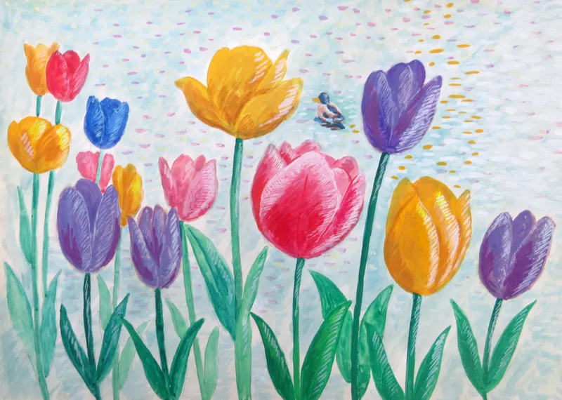 鴨とチューリップ