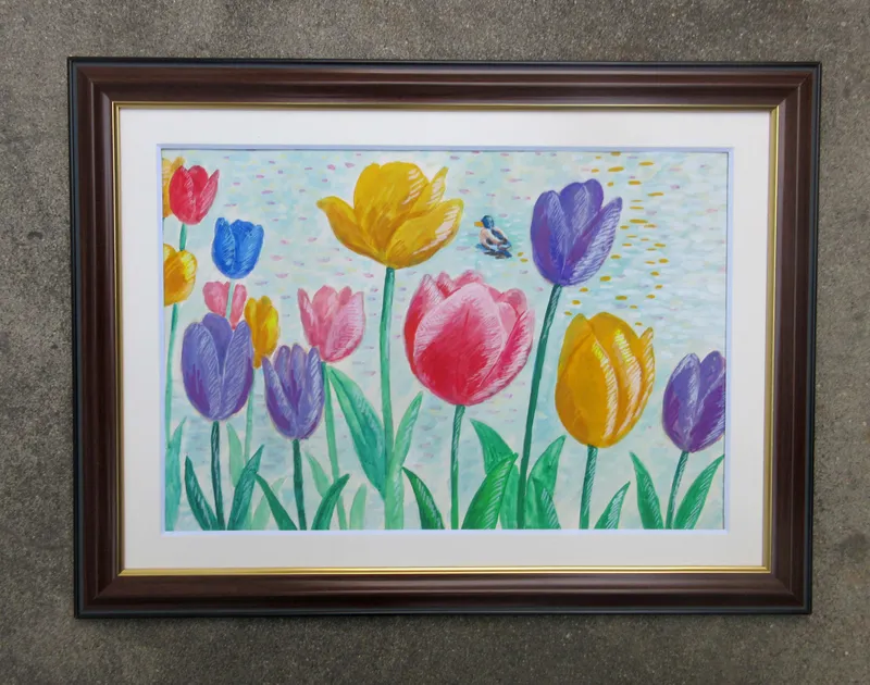 鴨とチューリップ