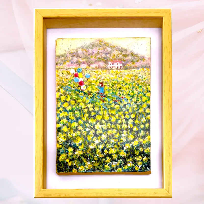 風景画「春の里山」油彩画　SM 額アクリル面