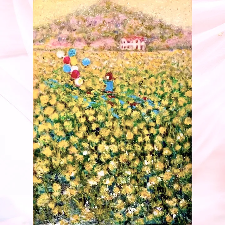 風景画「春の里山」油彩画　SM 額アクリル面