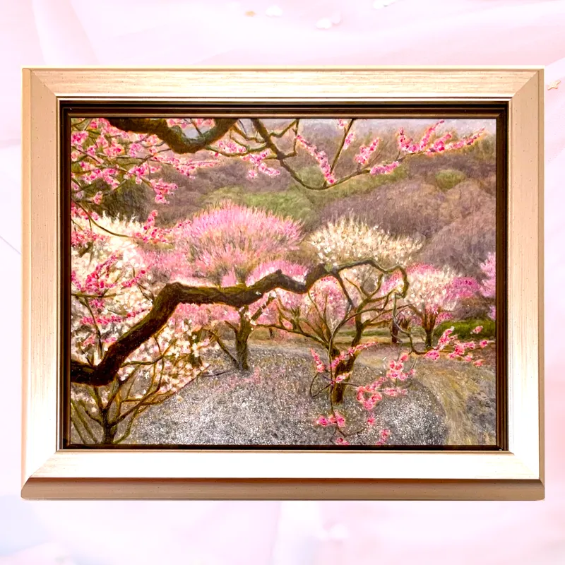 風景画「梅の満開」油彩画F6 額付き（アクリル面版）