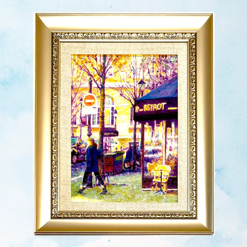 風景画「冬のパリの街角」油彩画 F4 額付き（アクリル面）