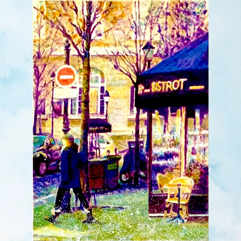 風景画「冬のパリの街角」油彩画 F4 額付き（アクリル面）