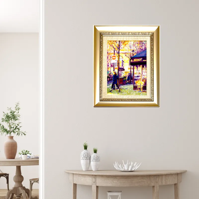 風景画「冬のパリの街角」油彩画 F4 額付き（アクリル面）