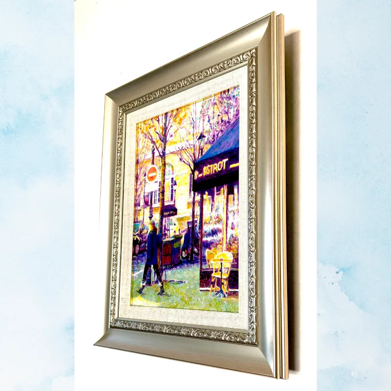 風景画「冬のパリの街角」油彩画 F4 額付き（アクリル面）