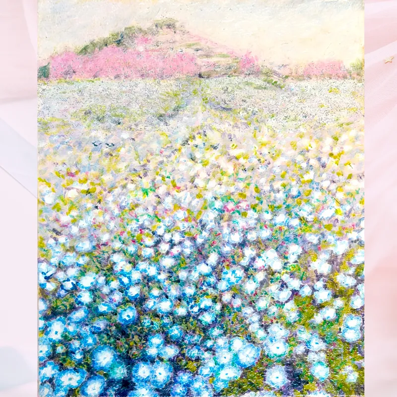 風景画「島の丘を彩るネモフィラ」油彩画 F3 額付き