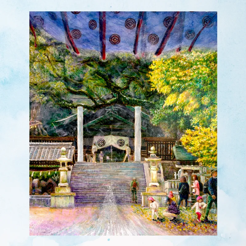 風景画「境内で憩う・艮神社」油彩画/F20 額なし