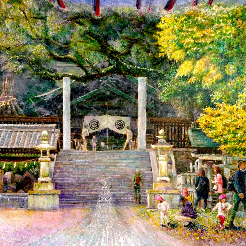 風景画「境内で憩う・艮神社」油彩画/F20 額なし
