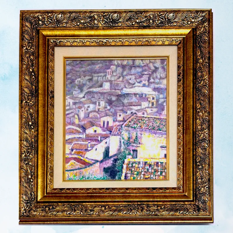 風景画「洞窟住居の街」油彩画 F3/額付き