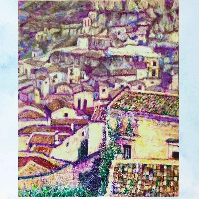 風景画「洞窟住居の街」油彩画 F3/額付き