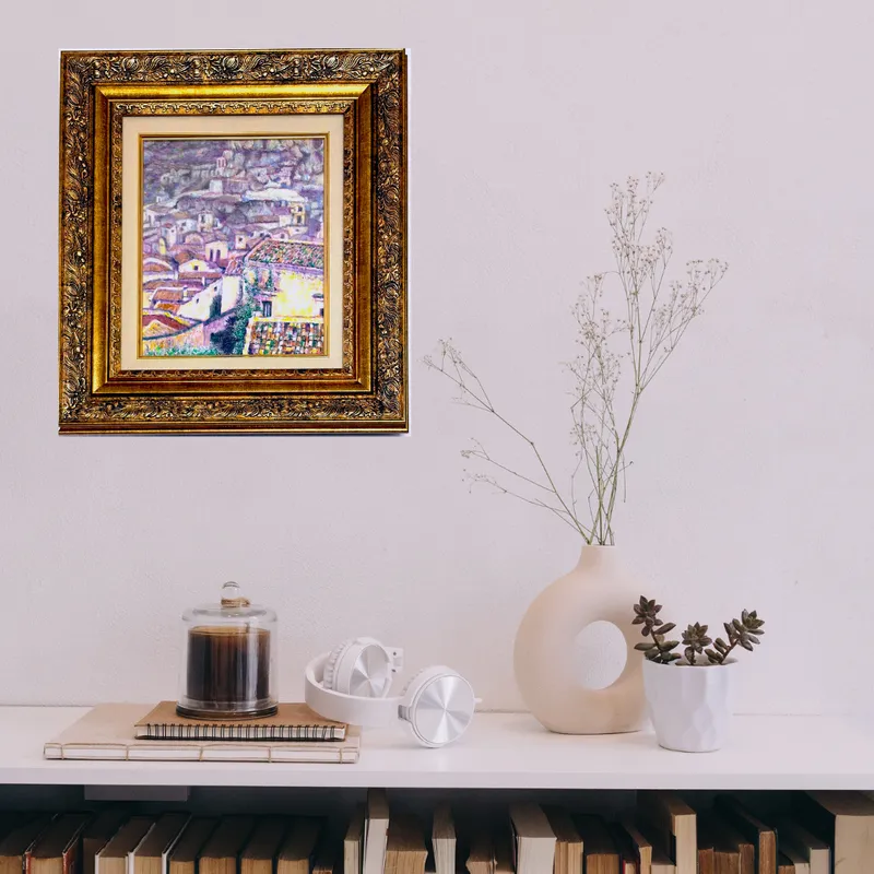 風景画「洞窟住居の街」油彩画 F3/額付き