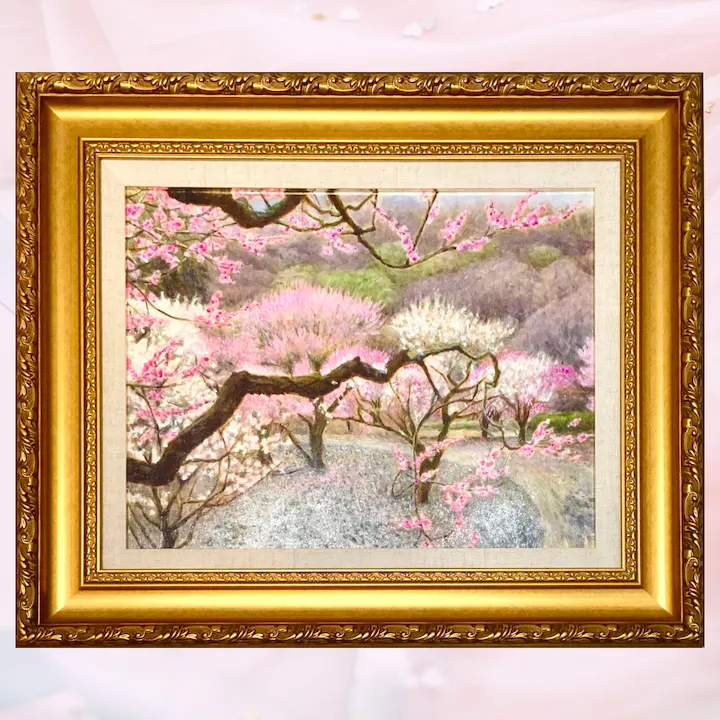 風景画「梅の満開」油彩画F6 額付き（アクリル面版）