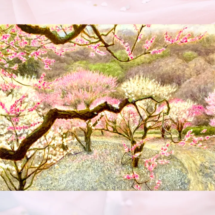 風景画「梅の満開」油彩画F6 額付き（アクリル面版）