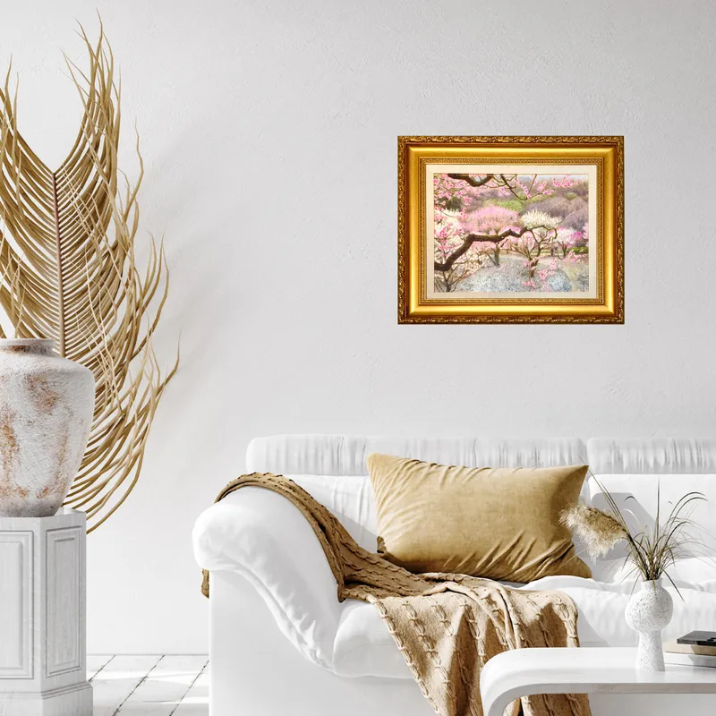 風景画「梅の満開」油彩画F6 額付き（アクリル面版）