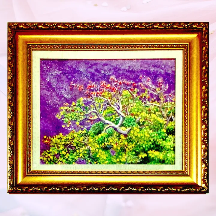 風景画「デイゴの紅い花」油彩画 F6/額付き