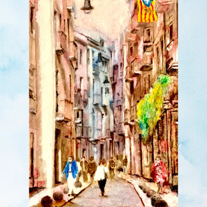 風景画「ジローナ旧市街」油彩画 F4/額付き