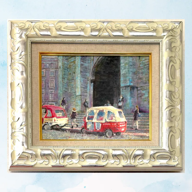 風景画「三輪自動車 in リスボン」油彩画F3/額付き