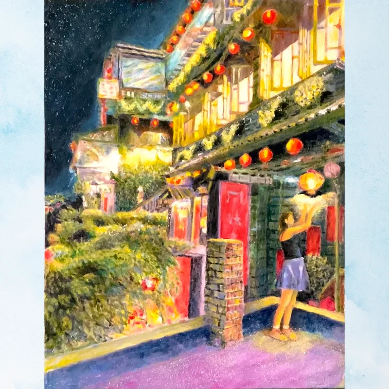 風景画「台湾九份の夜景」油彩画/F6 額付き