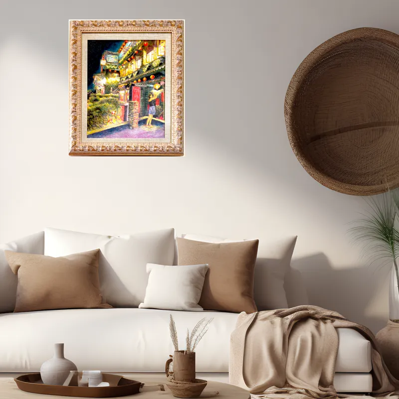 風景画「台湾九份の夜景」油彩画/F6 額付き