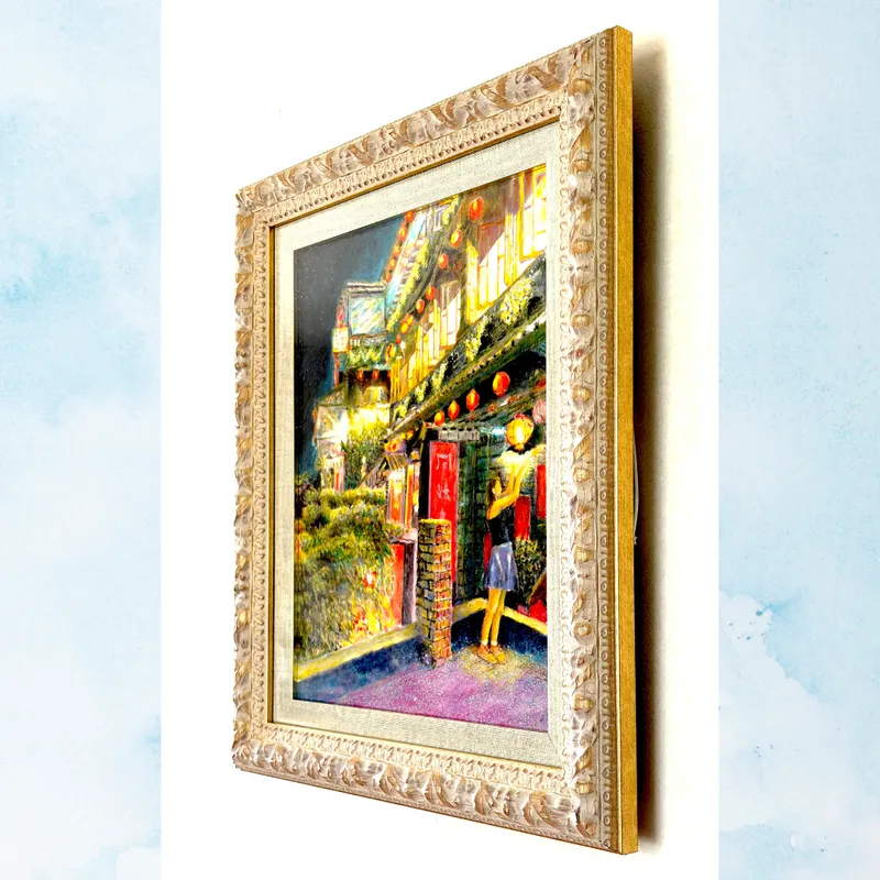 風景画「台湾九份の夜景」油彩画/F6 額付き